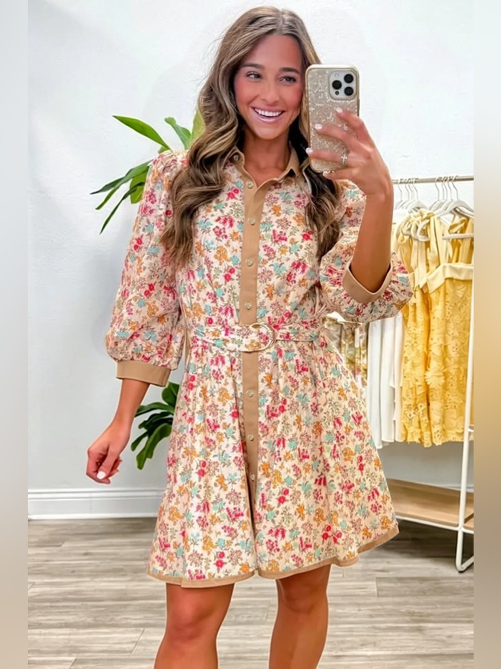 Floral Button-Front Shirt Dress with Belt - Beige Floral